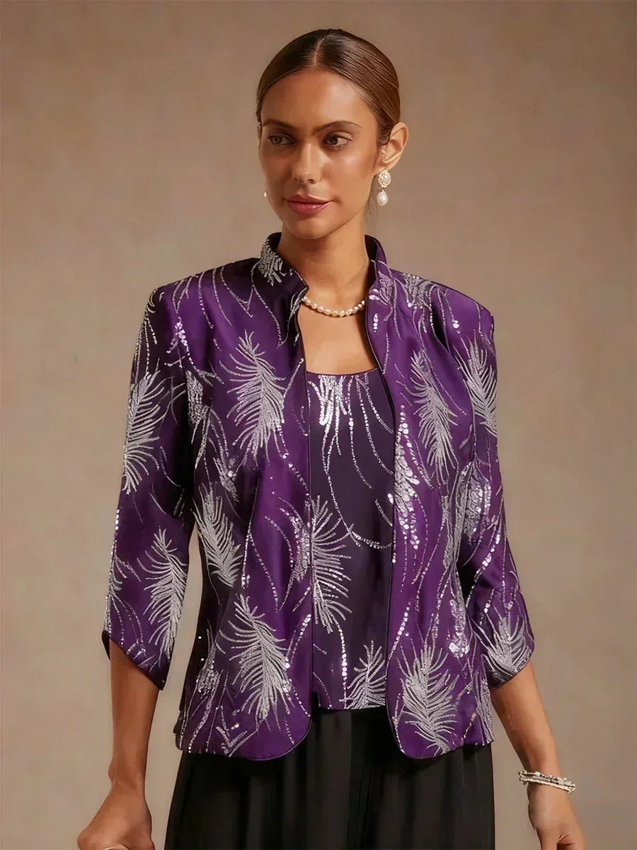 Elegant Mandarin Collar Sequin Twinset