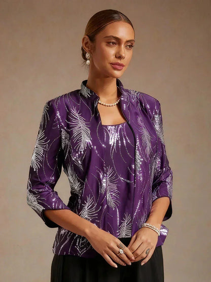 Elegant Mandarin Collar Sequin Twinset