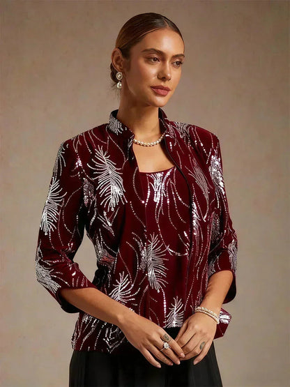Elegant Mandarin Collar Sequin Twinset