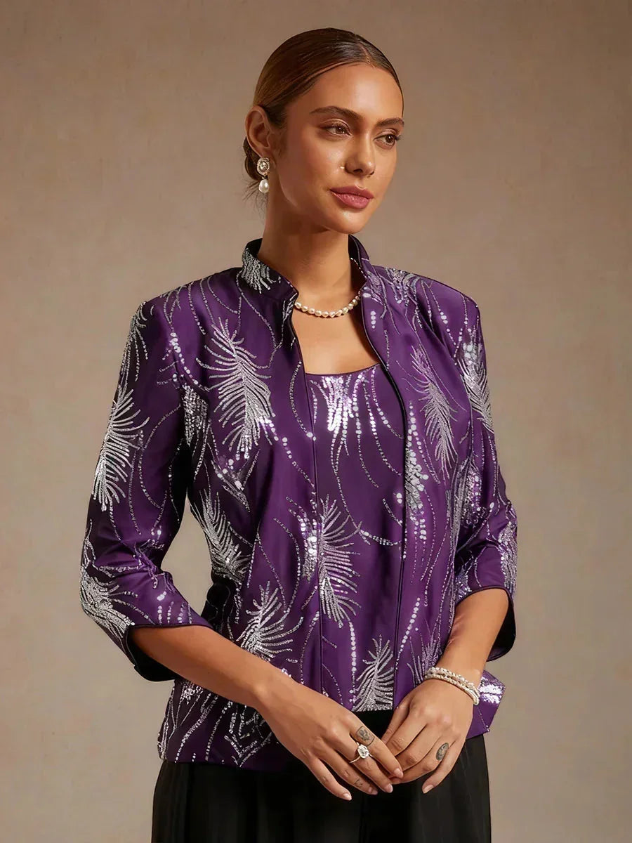 Elegant Mandarin Collar Sequin Twinset