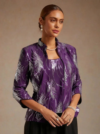 Elegant Mandarin Collar Sequin Twinset