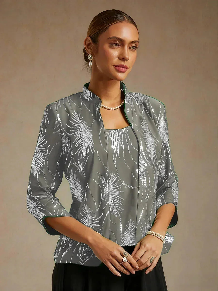 Elegant Mandarin Collar Sequin Twinset