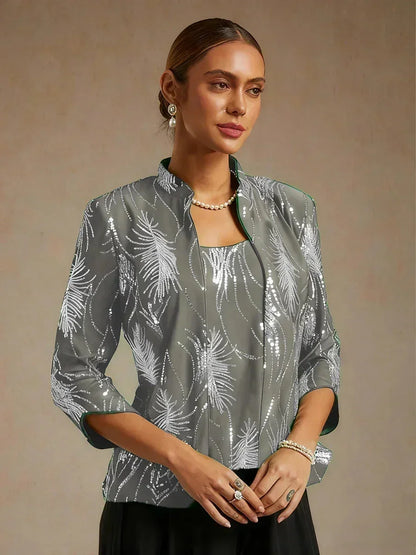 Elegant Mandarin Collar Sequin Twinset