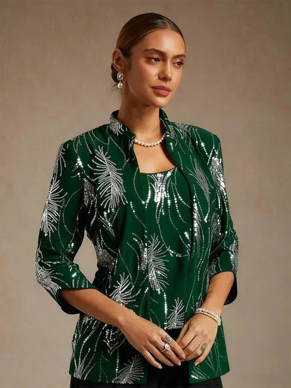 Elegant Mandarin Collar Sequin Twinset