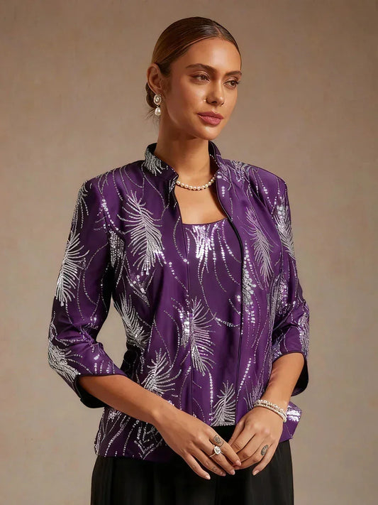 Elegant Mandarin Collar Sequin Twinset