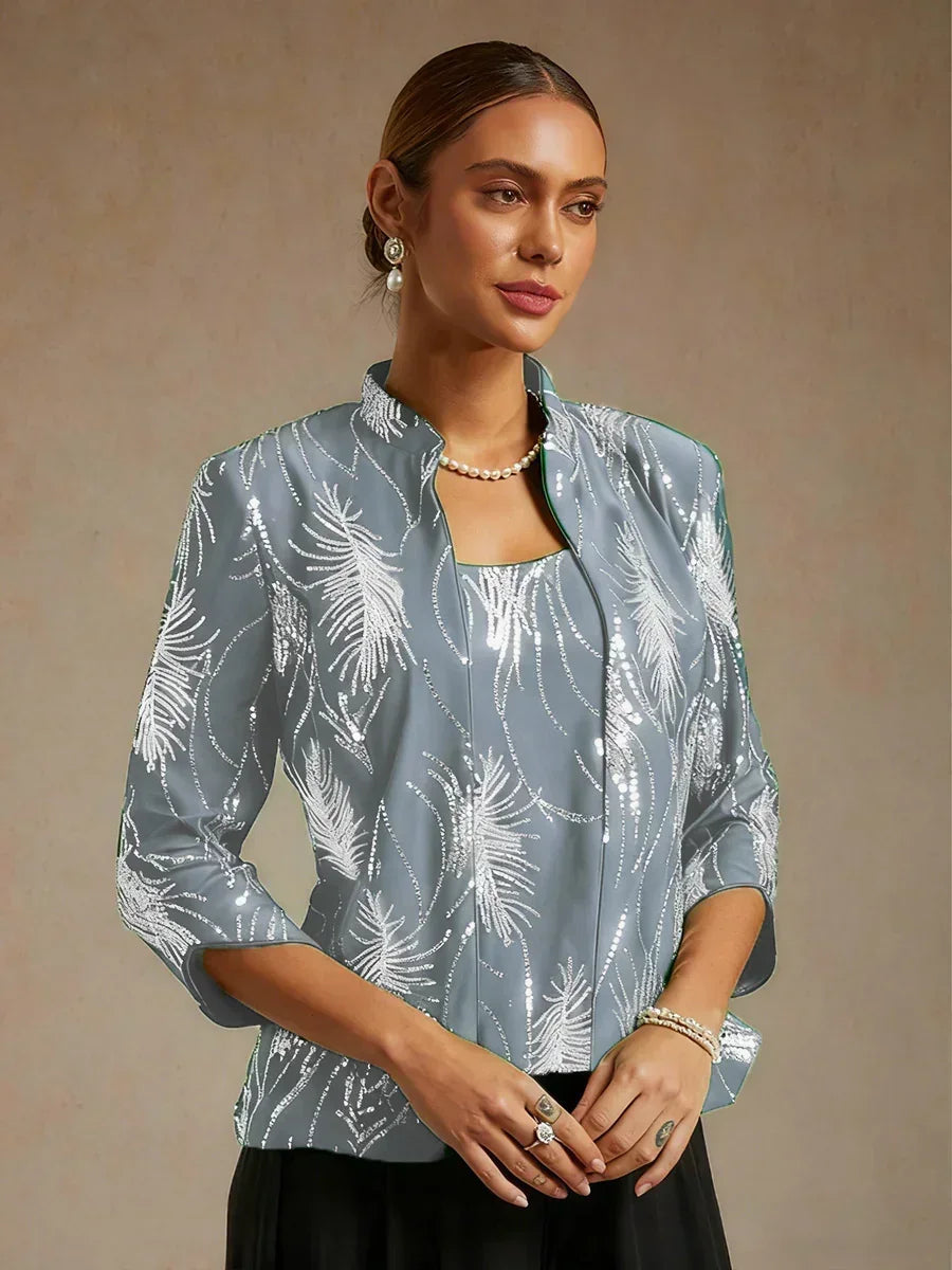 Elegant Mandarin Collar Sequin Twinset