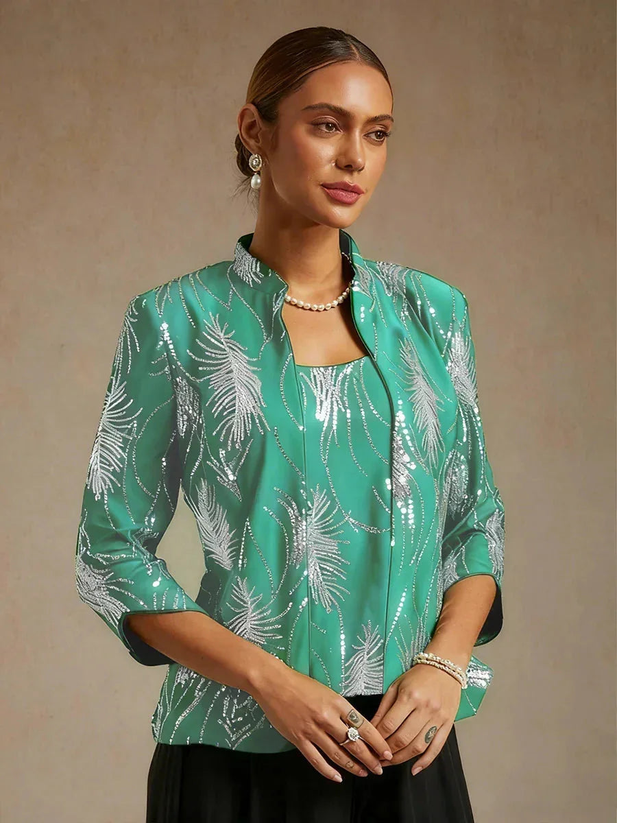 Elegant Mandarin Collar Sequin Twinset