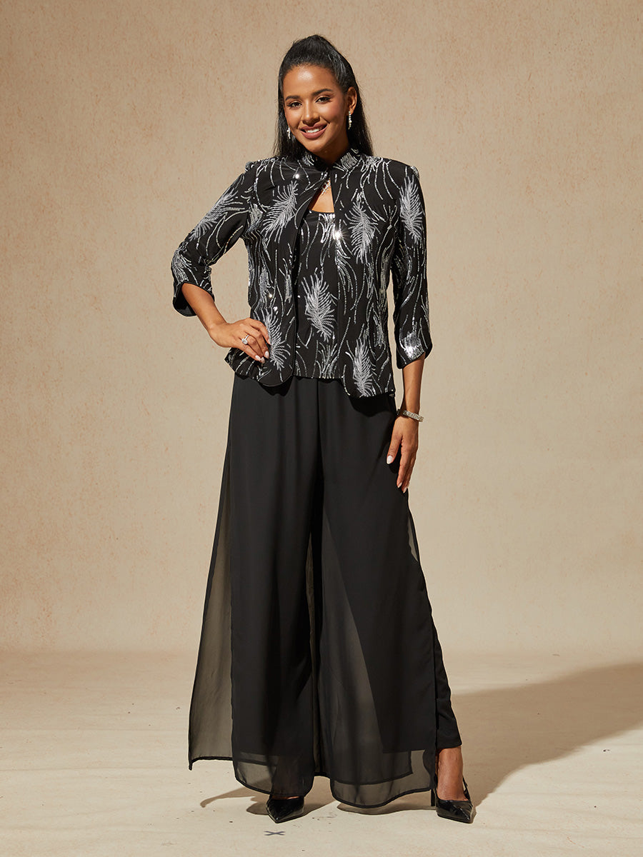 Elegant Mandarin Collar Sequin Twinset