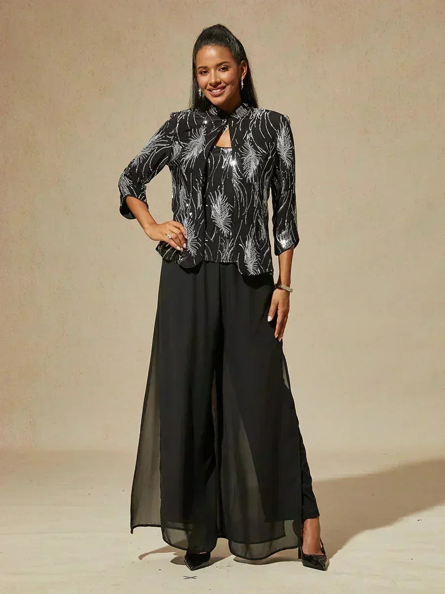 Elegant Mandarin Collar Sequin Twinset