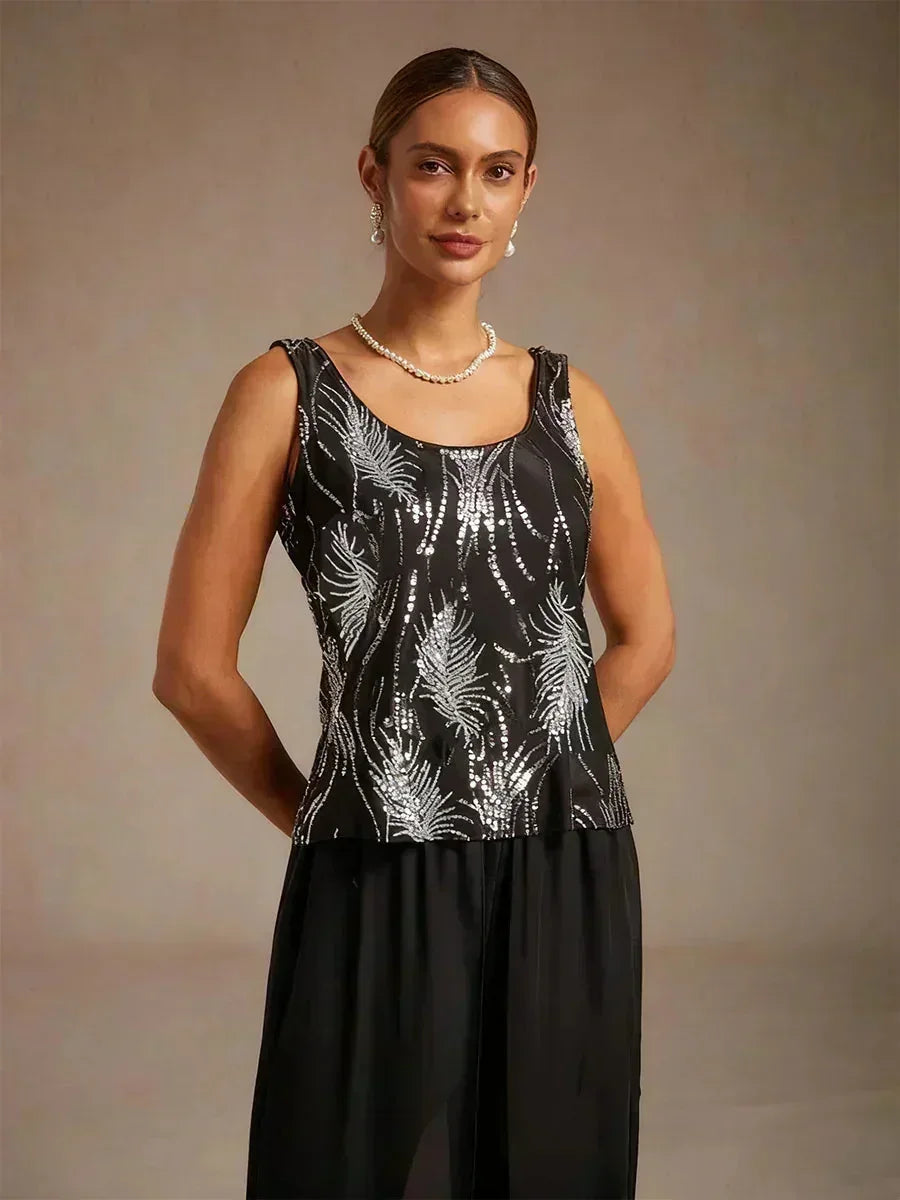 Elegant Mandarin Collar Sequin Twinset