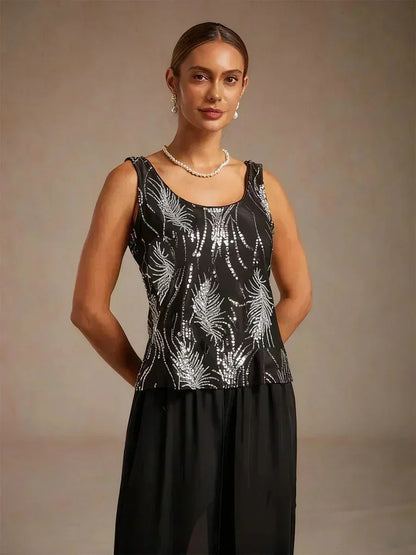 Elegant Mandarin Collar Sequin Twinset