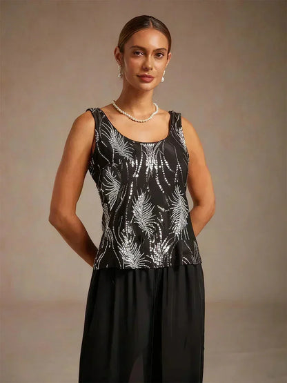 Elegant Mandarin Collar Sequin Twinset