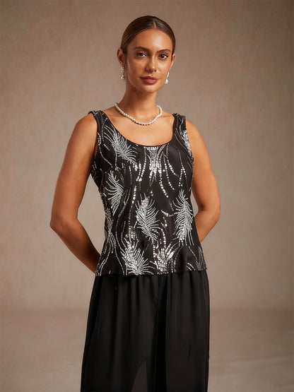 Elegant Mandarin Collar Sequin Twinset