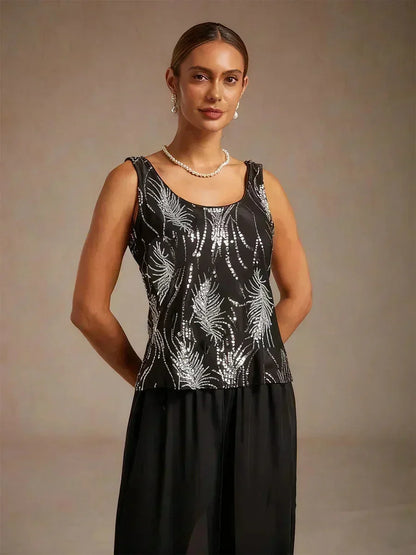 Elegant Mandarin Collar Sequin Twinset