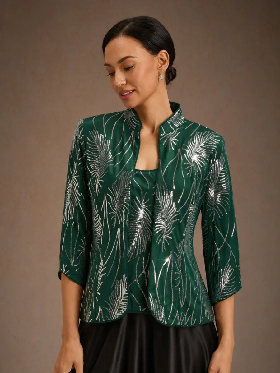 Elegant Mandarin Collar Sequin Twinset