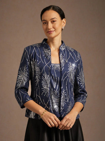 Elegant Mandarin Collar Sequin Twinset