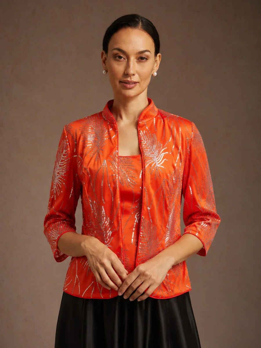 Elegant Mandarin Collar Sequin Twinset