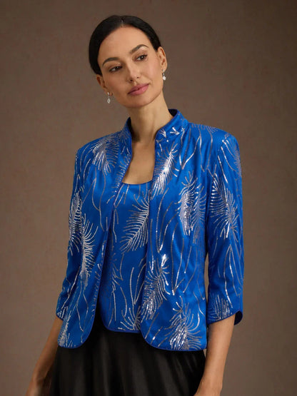 Elegant Mandarin Collar Sequin Twinset