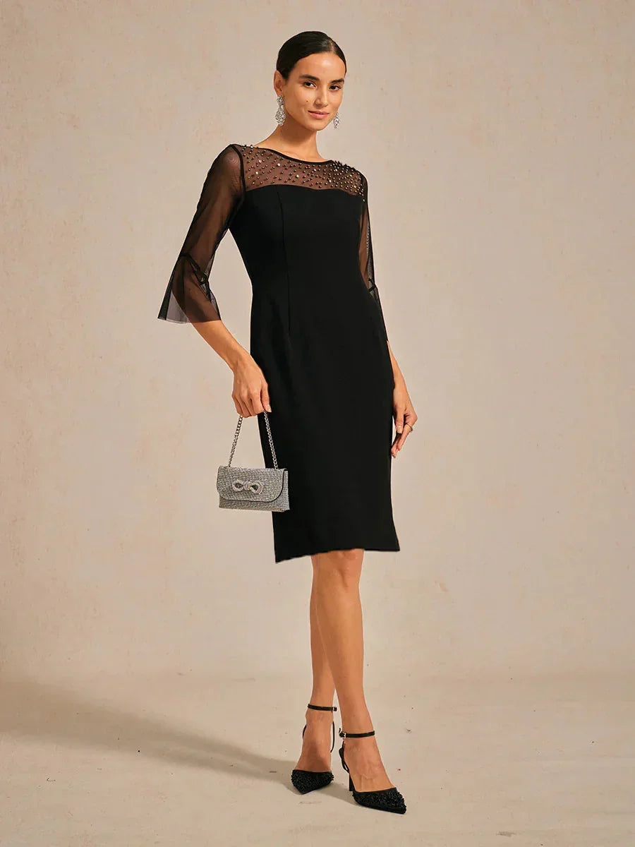 Elegantes Etui-Cocktailkleid mit verziertem Illusionsnetz-Ausschnitt