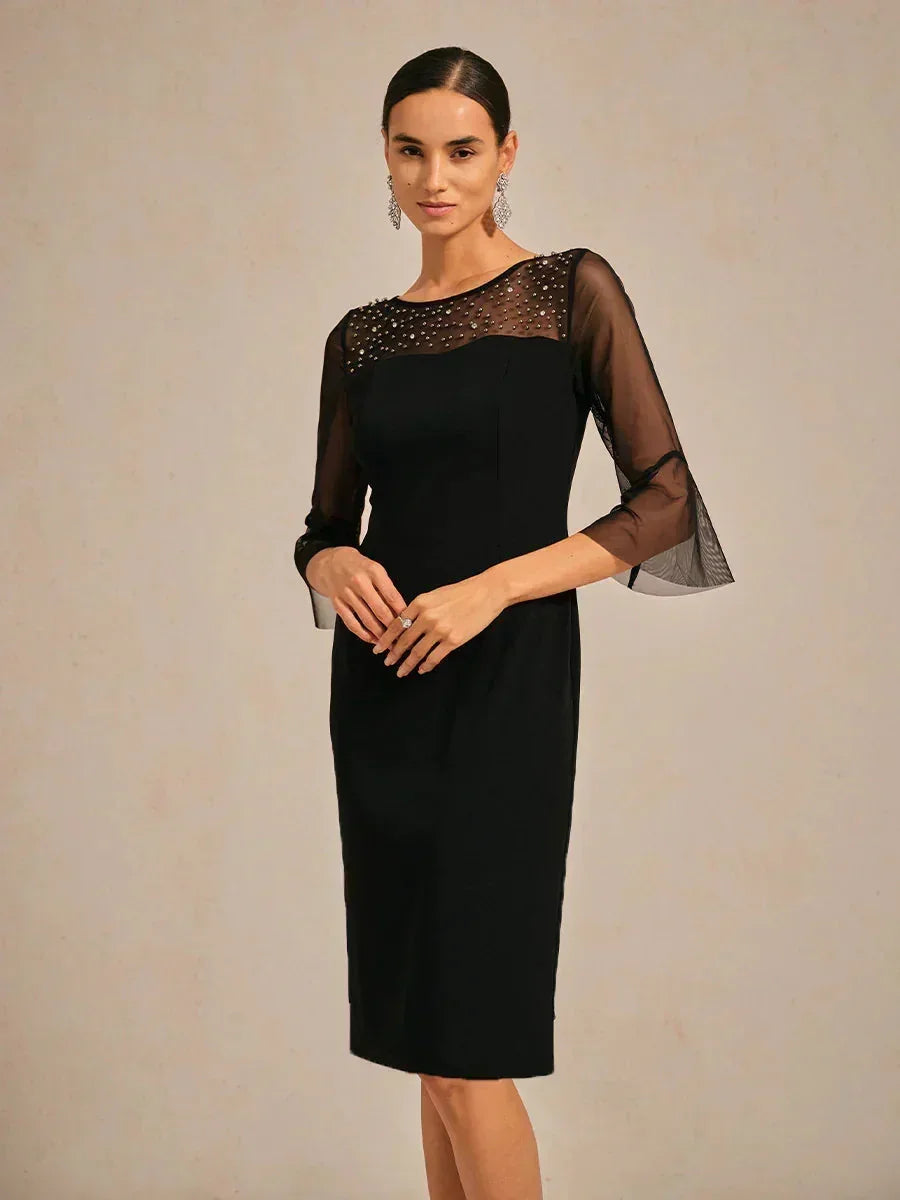 Elegantes Etui-Cocktailkleid mit verziertem Illusionsnetz-Ausschnitt