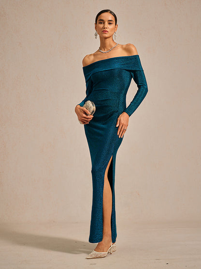 Elegant Teal Off-Shoulder Ruched Gown