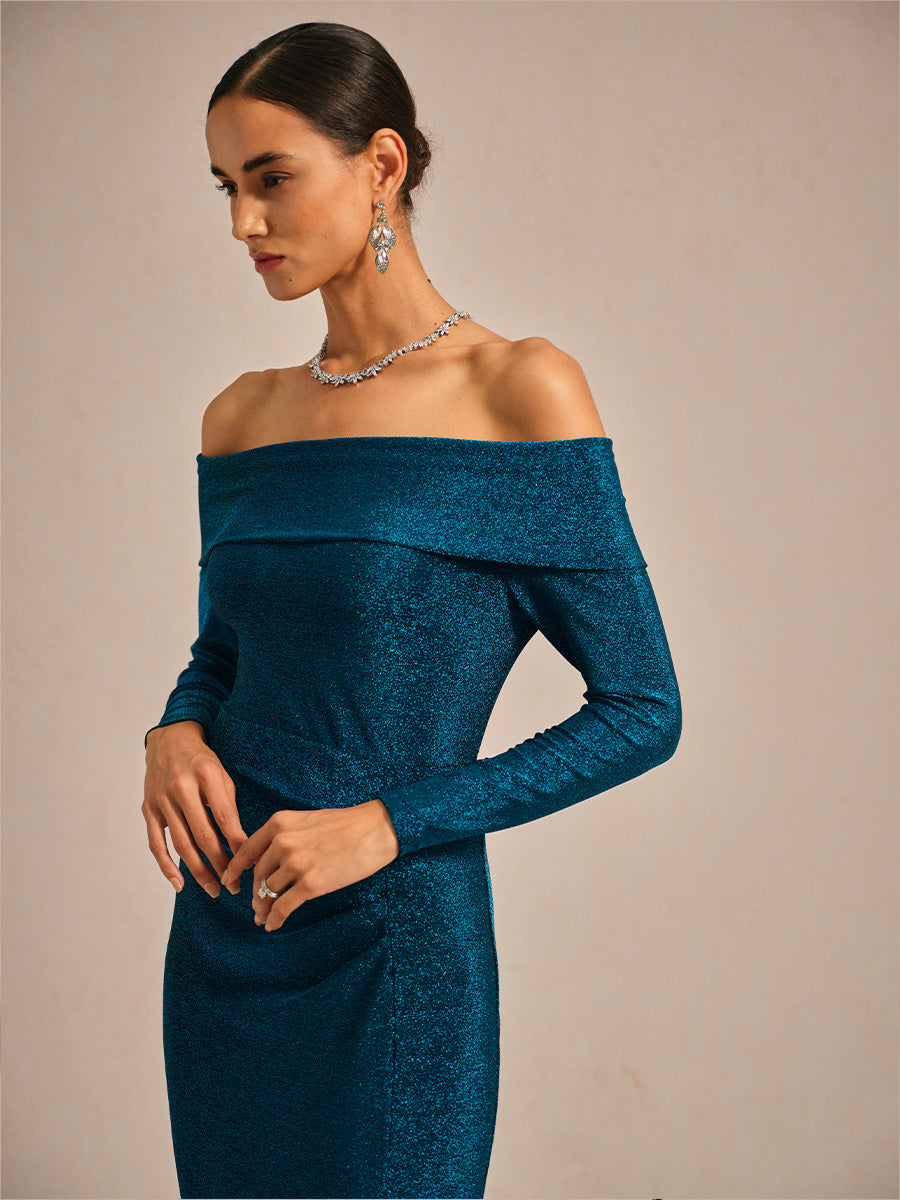 Elegant Teal Off-Shoulder Ruched Gown