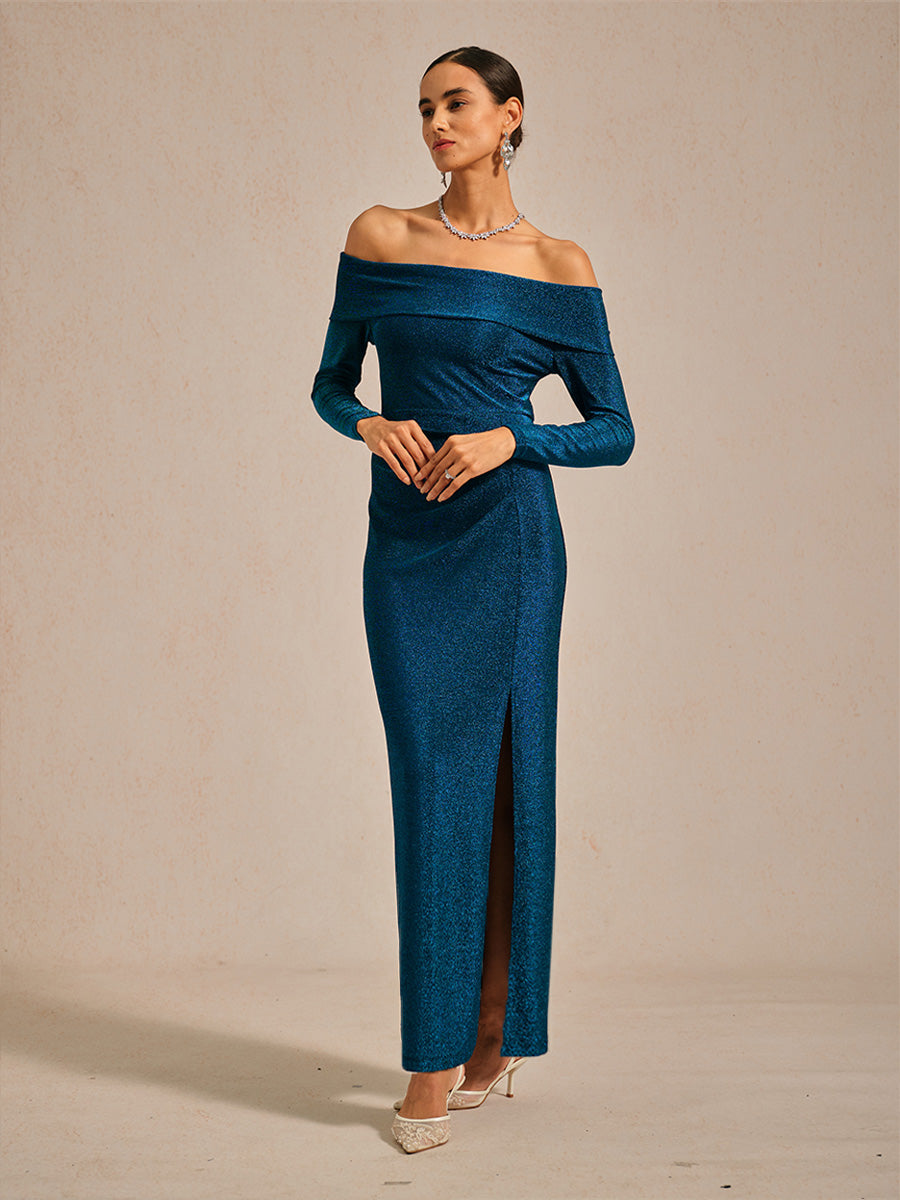 Elegant Teal Off-Shoulder Ruched Gown