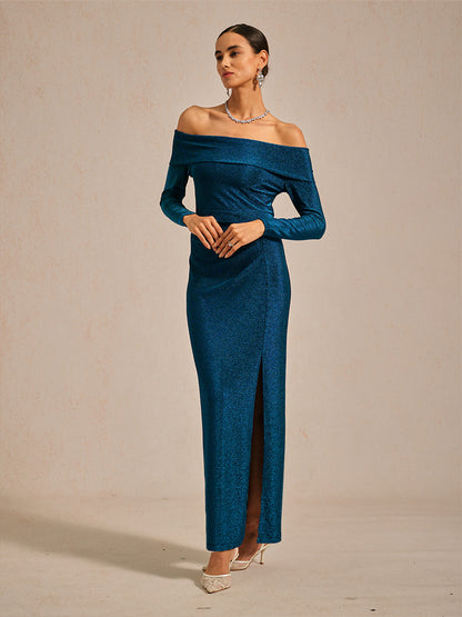 Elegant Teal Off-Shoulder Ruched Gown