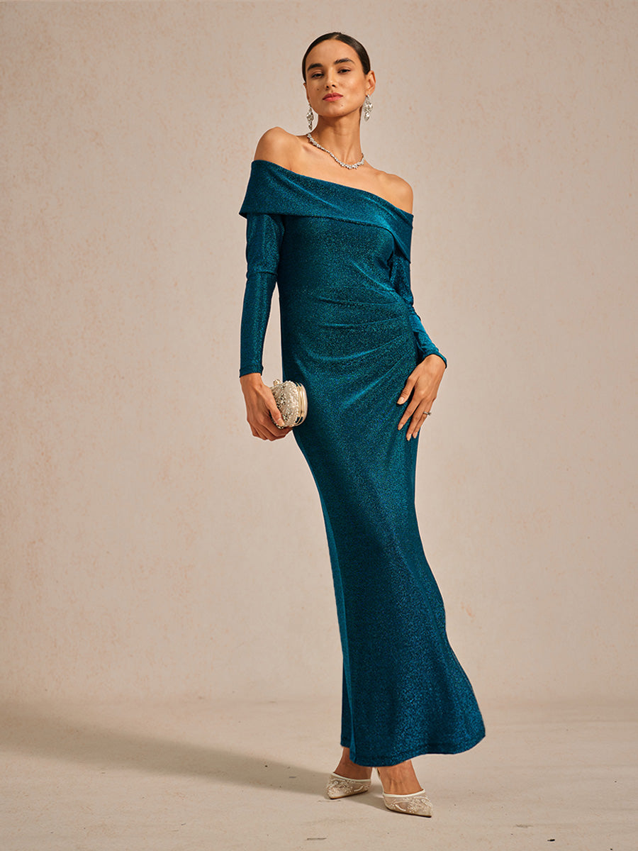 Elegant Teal Off-Shoulder Ruched Gown