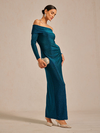 Elegant Teal Off-Shoulder Ruched Gown