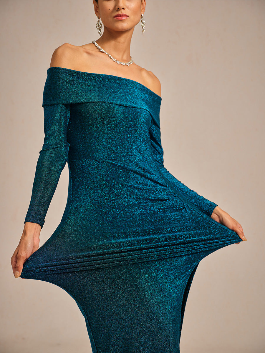 Elegant Teal Off-Shoulder Ruched Gown