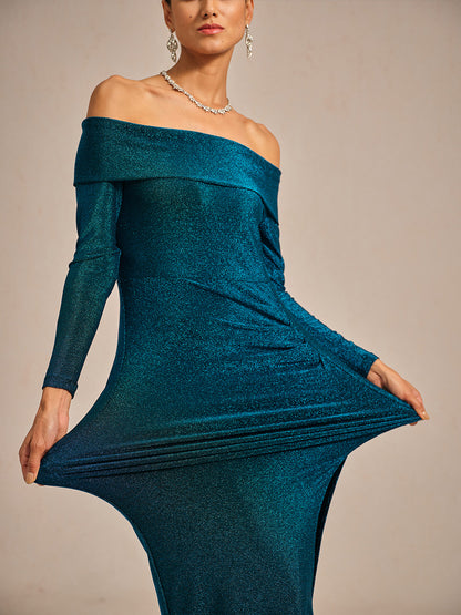 Elegant Teal Off-Shoulder Ruched Gown