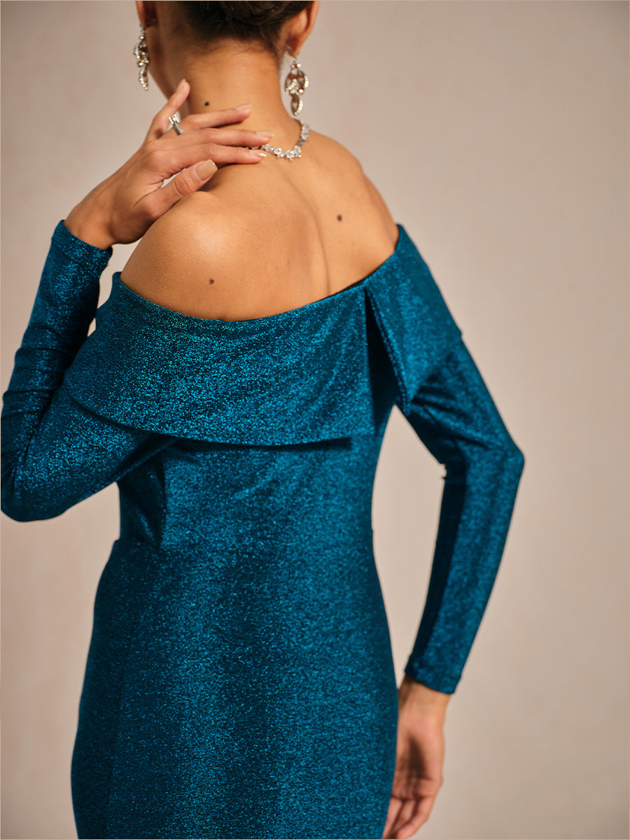 Elegant Teal Off-Shoulder Ruched Gown