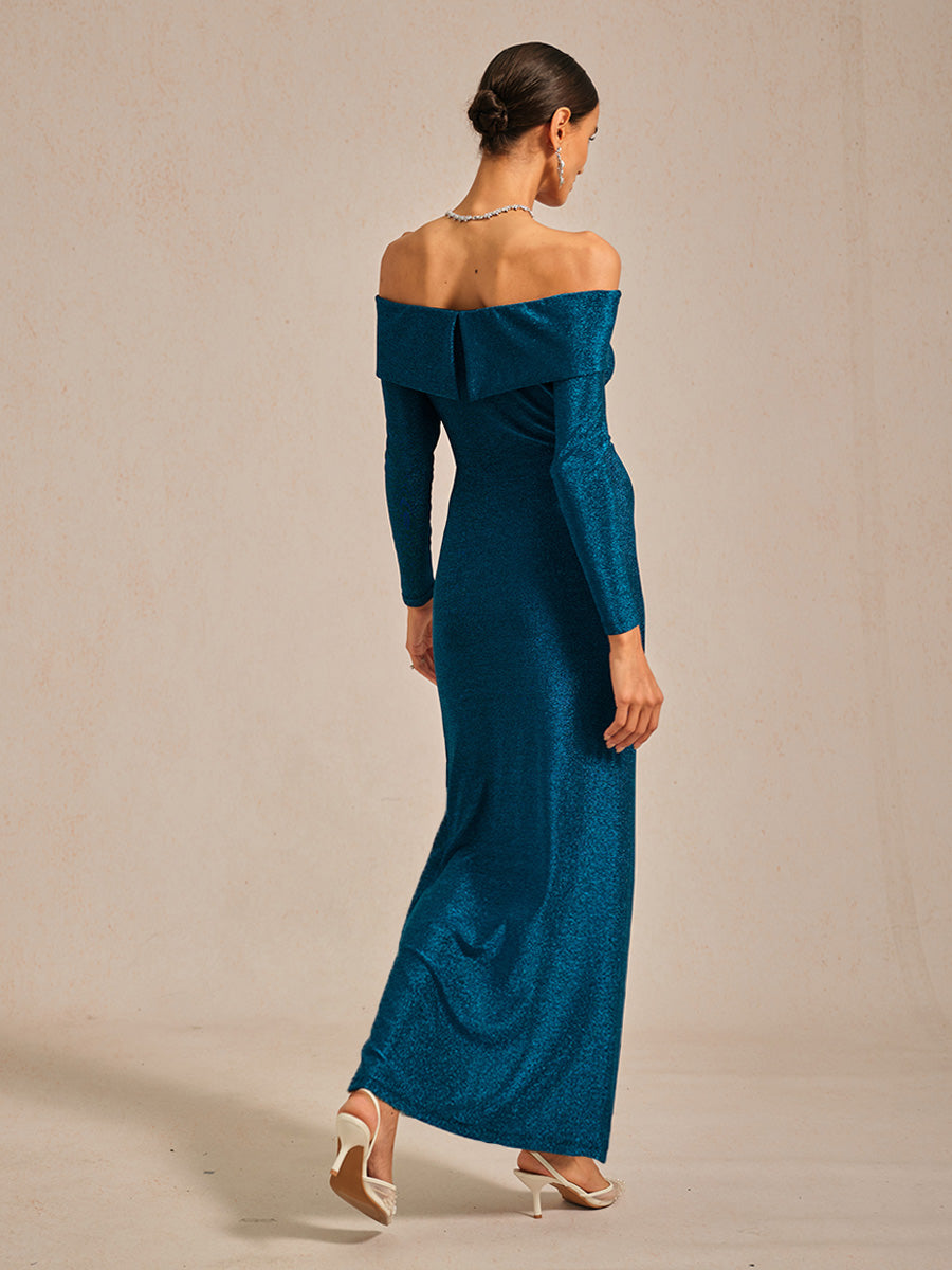Elegant Teal Off-Shoulder Ruched Gown