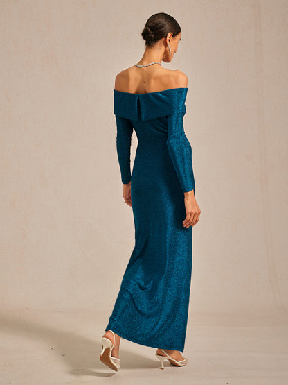 Elegant Teal Off-Shoulder Ruched Gown