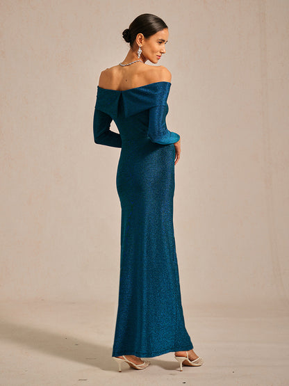 Elegant Teal Off-Shoulder Ruched Gown
