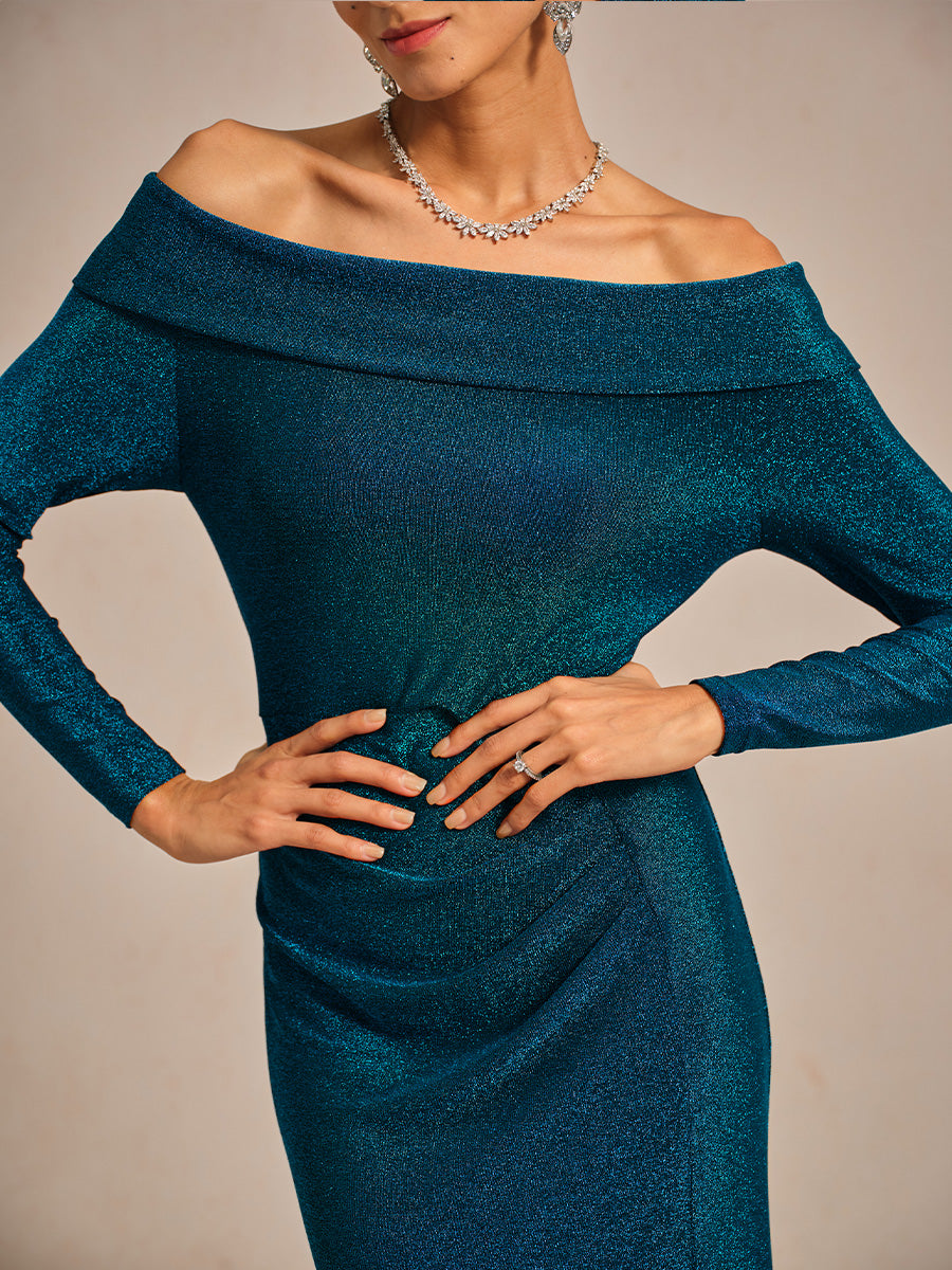 Elegant Teal Off-Shoulder Ruched Gown