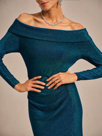 Elegant Teal Off-Shoulder Ruched Gown