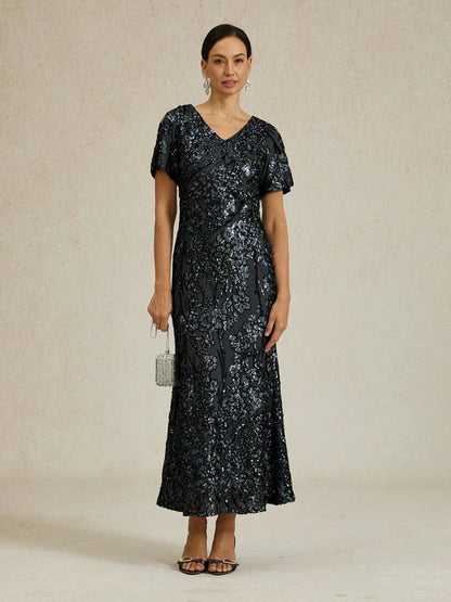 Elegant V-Neck Cold Shoulder Sequin Dress