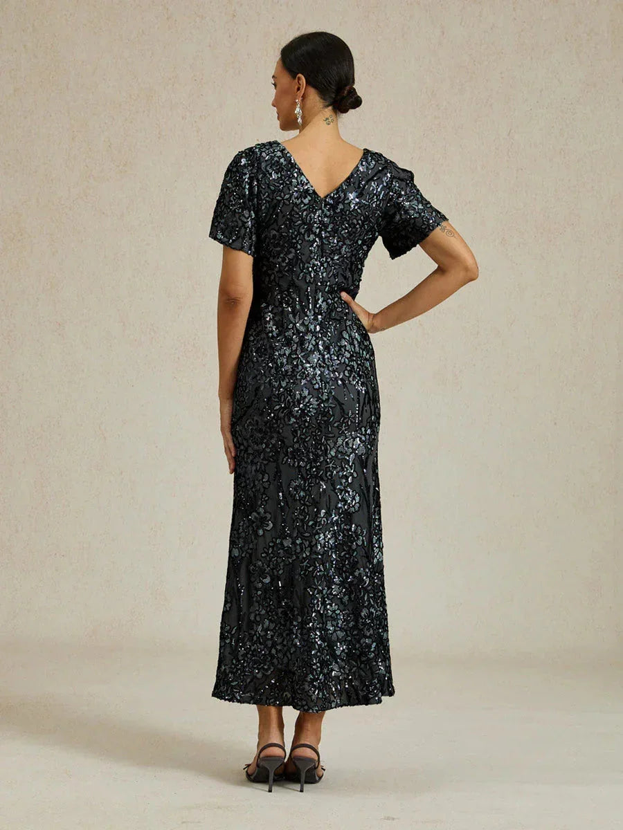 Elegant V-Neck Cold Shoulder Sequin Dress