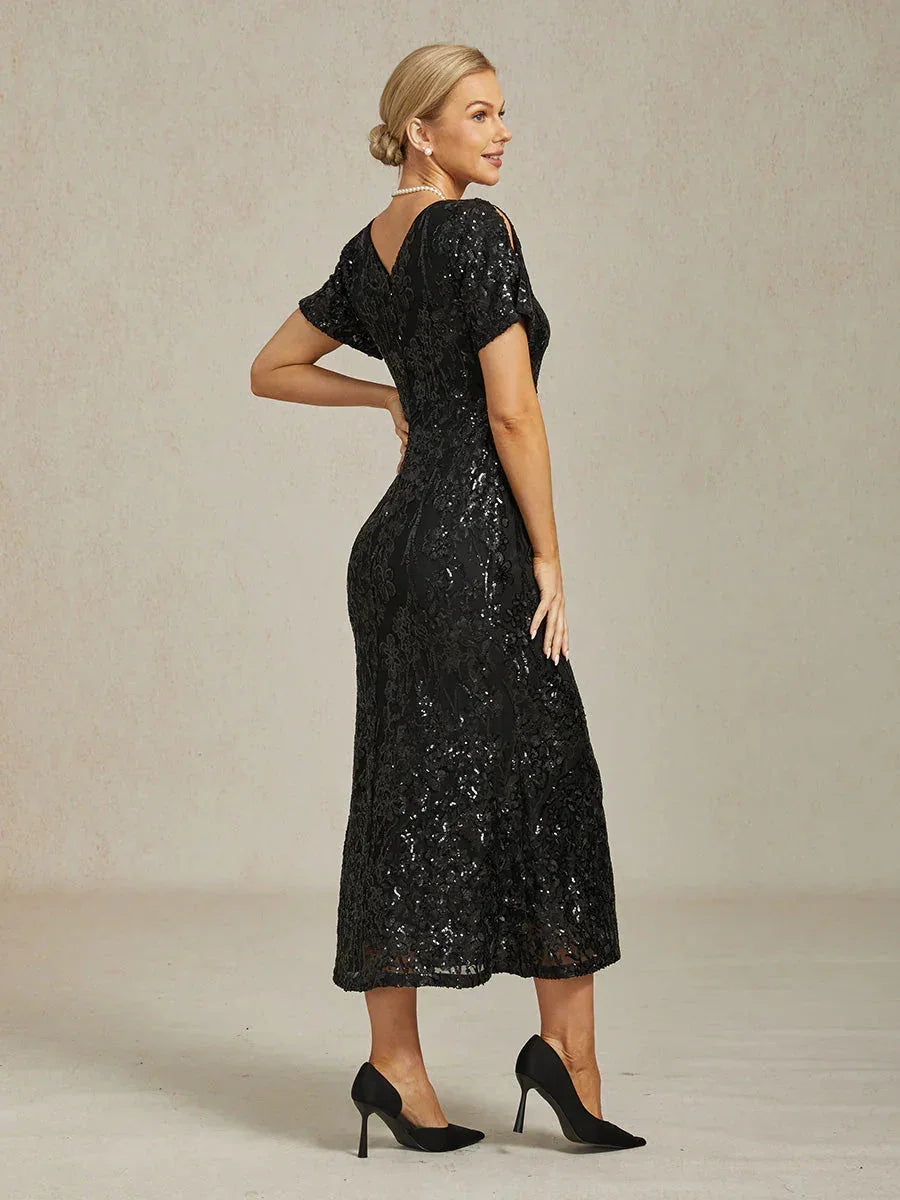 Elegant V-Neck Cold Shoulder Sequin Dress