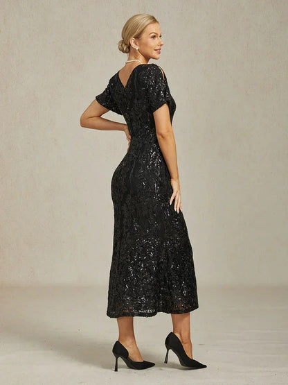 Elegant V-Neck Cold Shoulder Sequin Dress