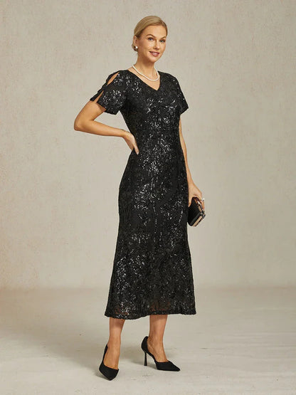 Elegant V-Neck Cold Shoulder Sequin Dress