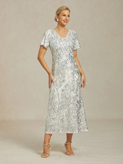 Elegant V-Neck Cold Shoulder Sequin Dress