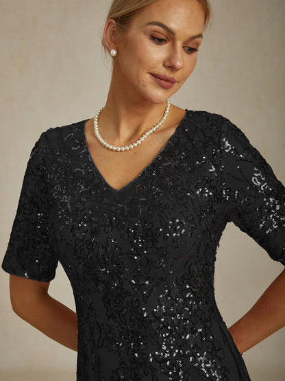 Elegant V-Neck Sequin Short Dress