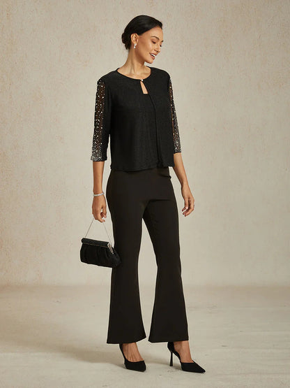 Beaded 3/4 Sleeve Metallic Knit Blouse