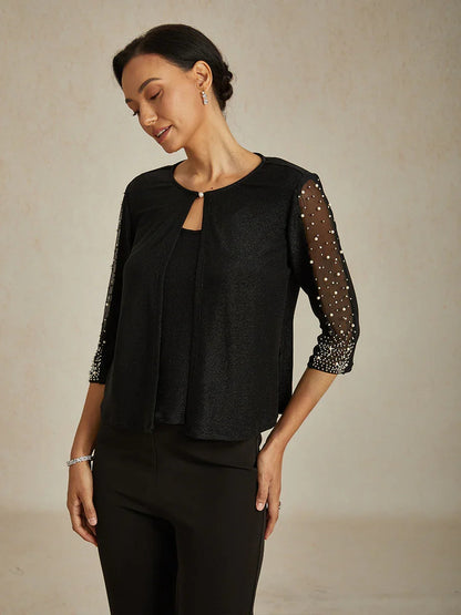 Beaded 3/4 Sleeve Metallic Knit Blouse