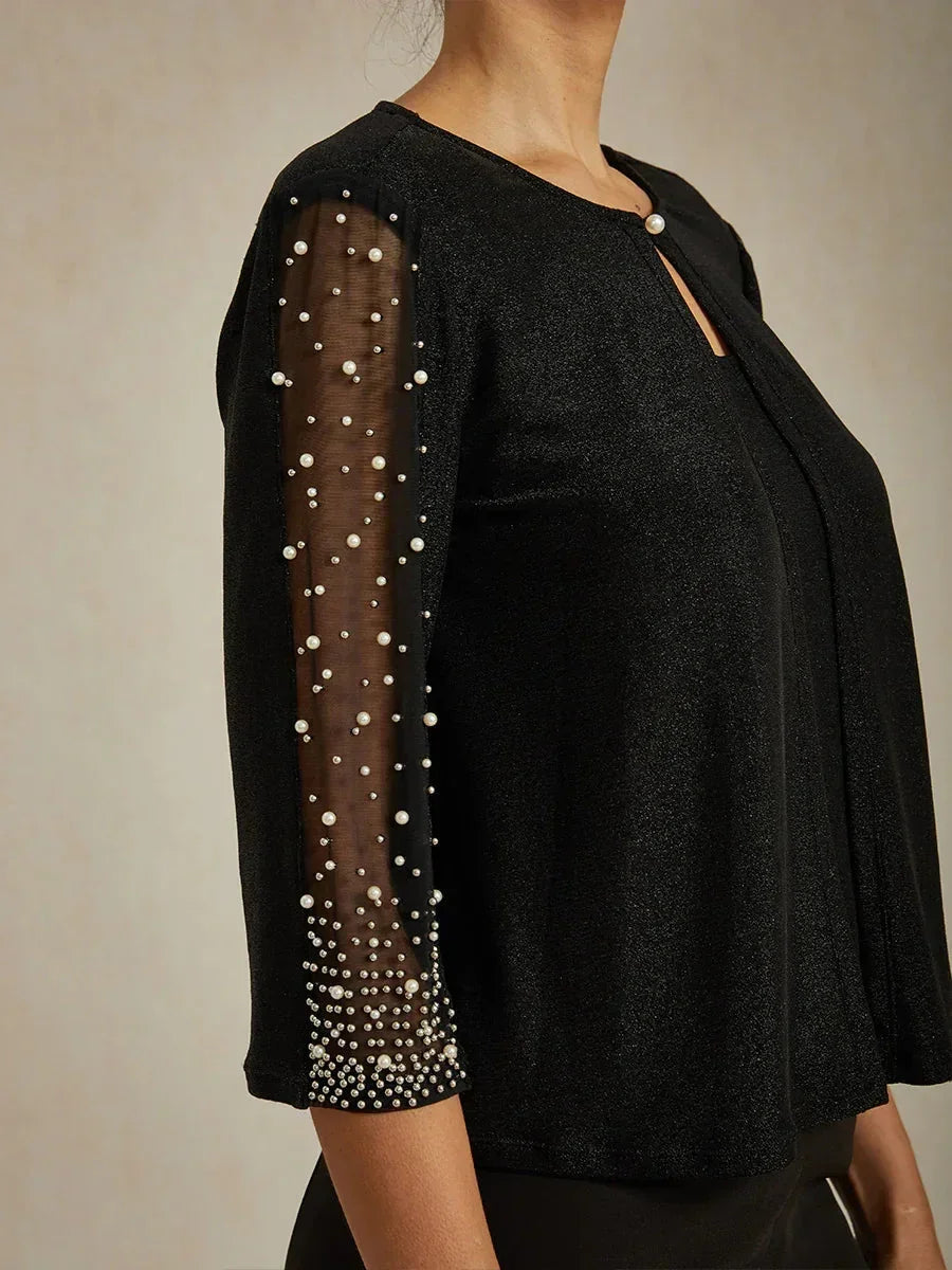 Beaded 3/4 Sleeve Metallic Knit Blouse