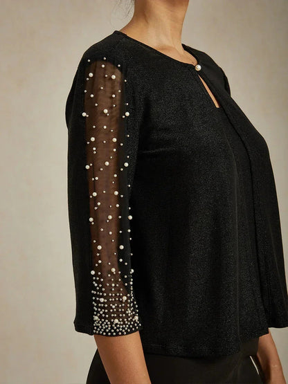 Beaded 3/4 Sleeve Metallic Knit Blouse