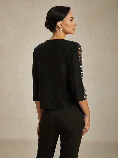 Beaded 3/4 Sleeve Metallic Knit Blouse